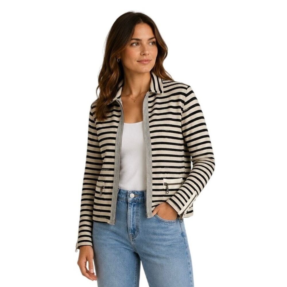 DREW Navy Stripe Knit Blazer Jacket Zip Pocket Open Front Size Small Made USA